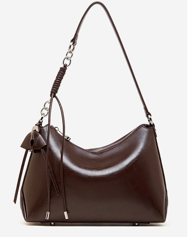 Women's Cowhide Hobo Bag with Knotted Strap Detail