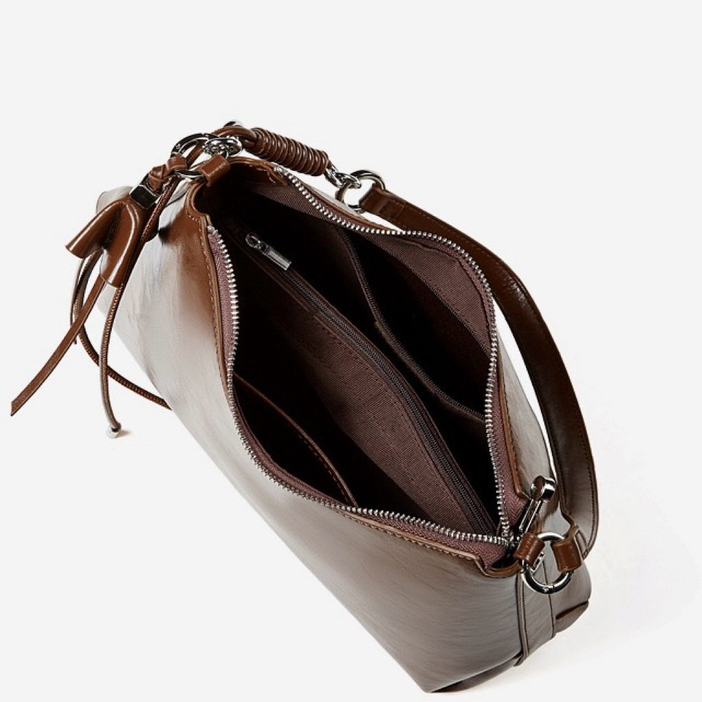 Women's Cowhide Hobo Bag with Knotted Strap Detail