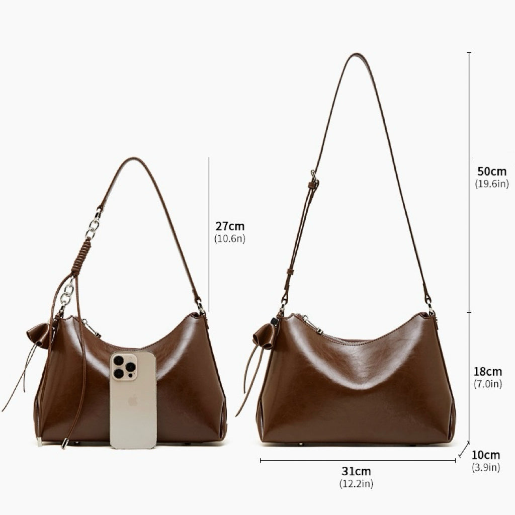 Women's Cowhide Hobo Bag with Knotted Strap Detail