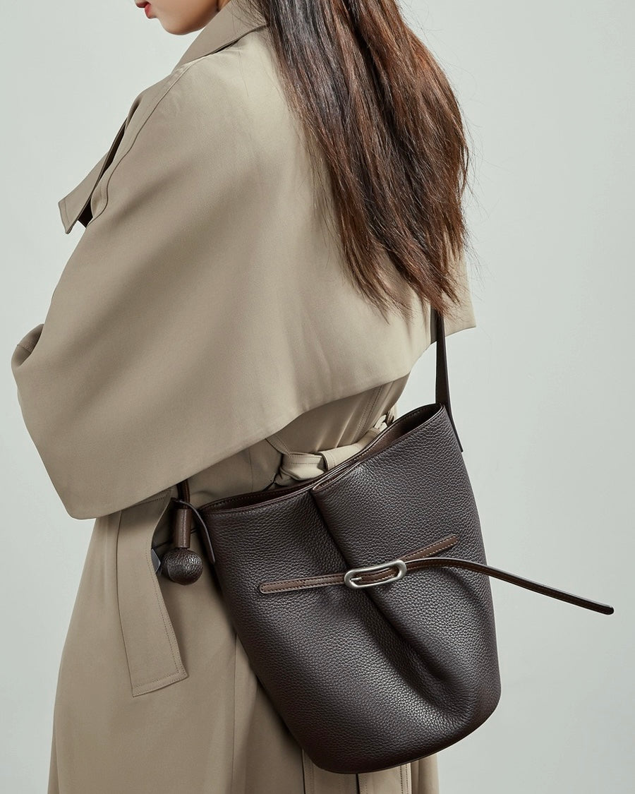 Women's Pebbled Cowhide Knot Detail Bucket Bag