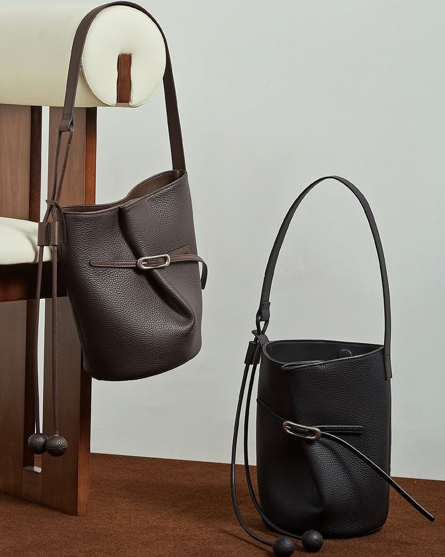 Women's Pebbled Cowhide Knot Detail Bucket Bag