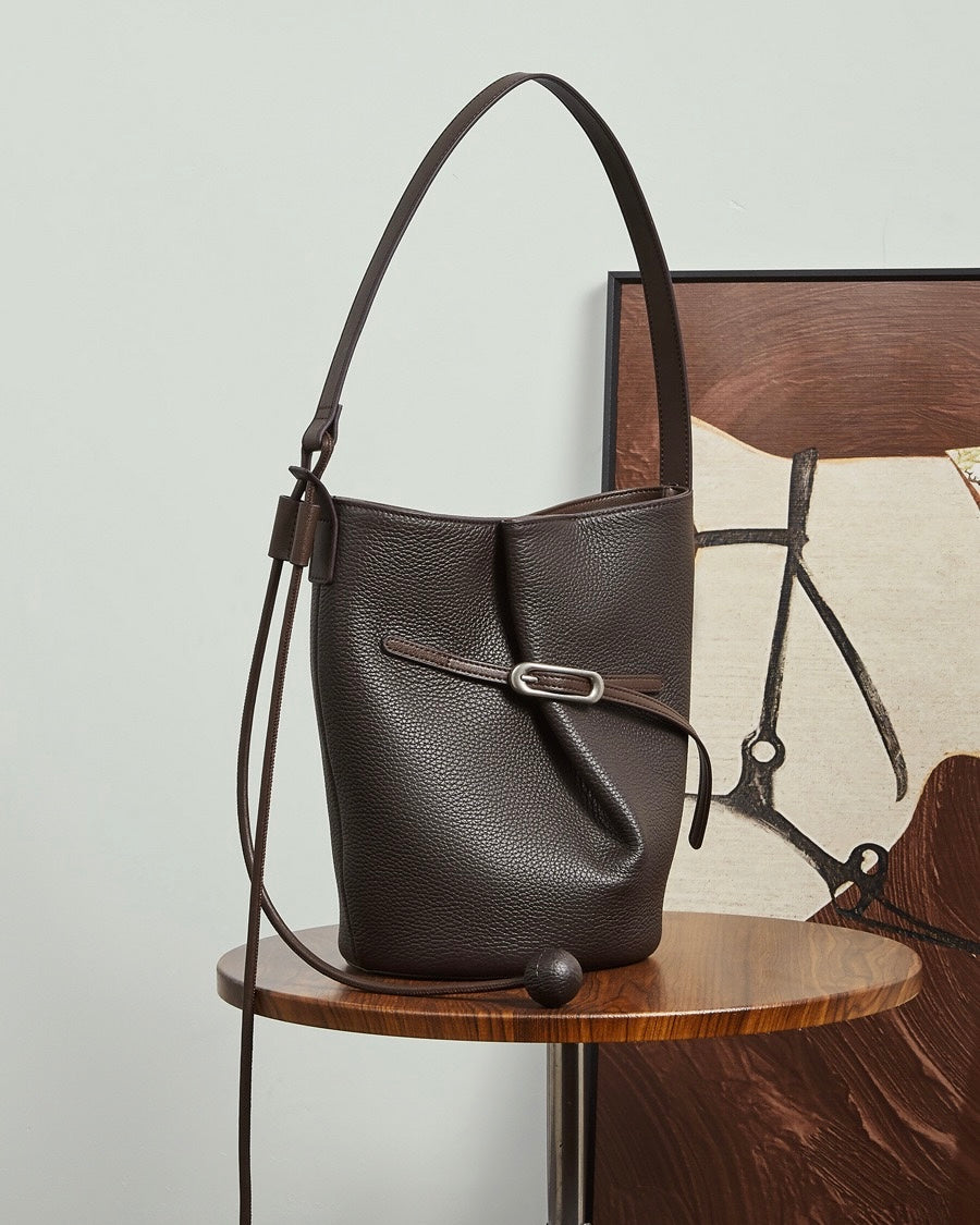 Women's Pebbled Cowhide Knot Detail Bucket Bag