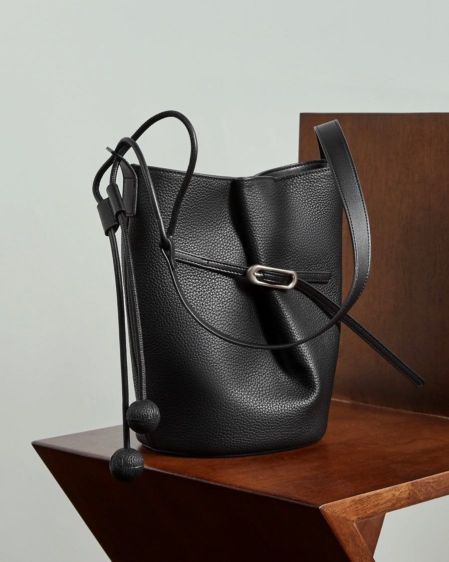Women's Pebbled Cowhide Knot Detail Bucket Bag