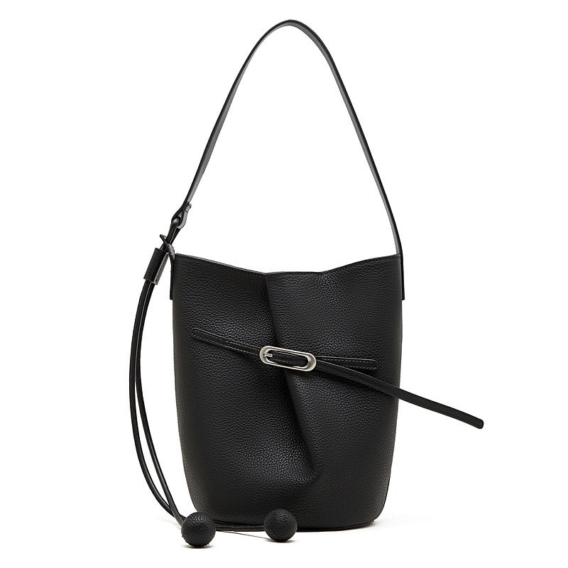 Women's Pebbled Cowhide Knot Detail Bucket Bag
