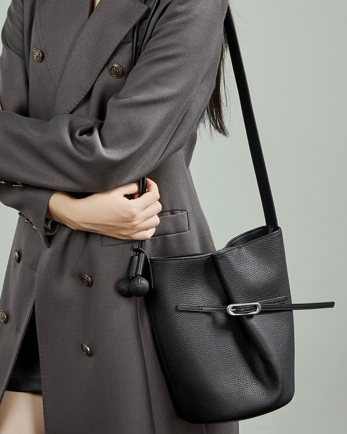 Women's Pebbled Cowhide Knot Detail Bucket Bag
