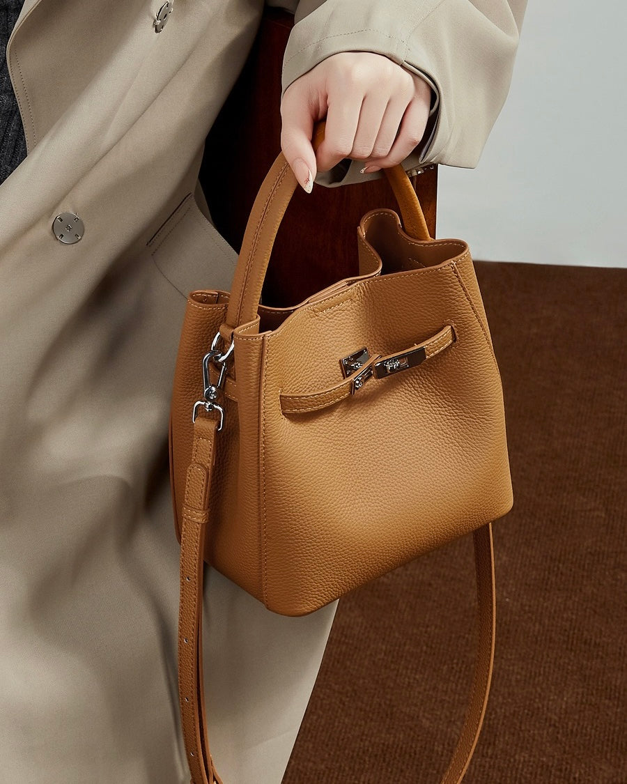 Women's Full-Grain Cowhide Basket Bucket Bag with Buckle Detail