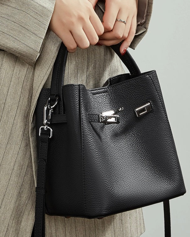 Women's Full-Grain Cowhide Basket Bucket Bag with Buckle Detail