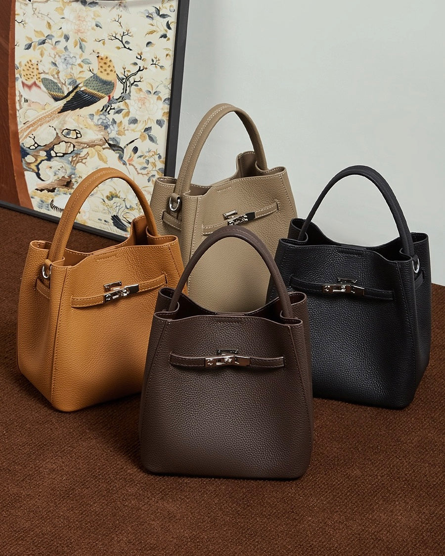 Women's Full-Grain Cowhide Basket Bucket Bag with Buckle Detail