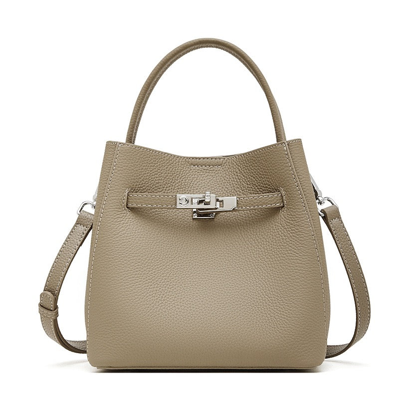 Women's Full-Grain Cowhide Basket Bucket Bag with Buckle Detail