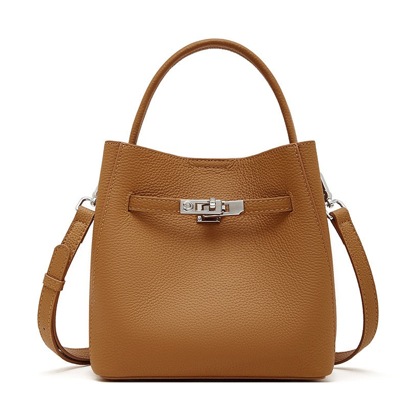 Women's Full-Grain Cowhide Basket Bucket Bag with Buckle Detail