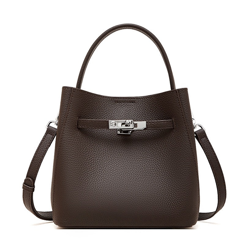 Women's Full-Grain Cowhide Basket Bucket Bag with Buckle Detail