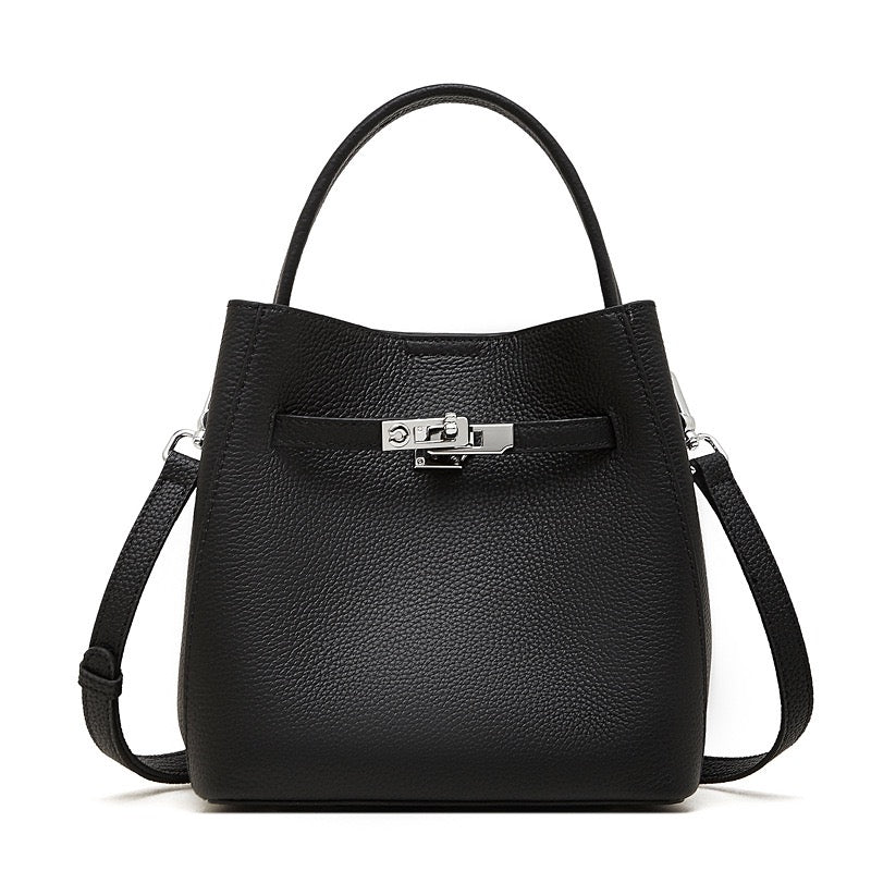 Women's Full-Grain Cowhide Basket Bucket Bag with Buckle Detail