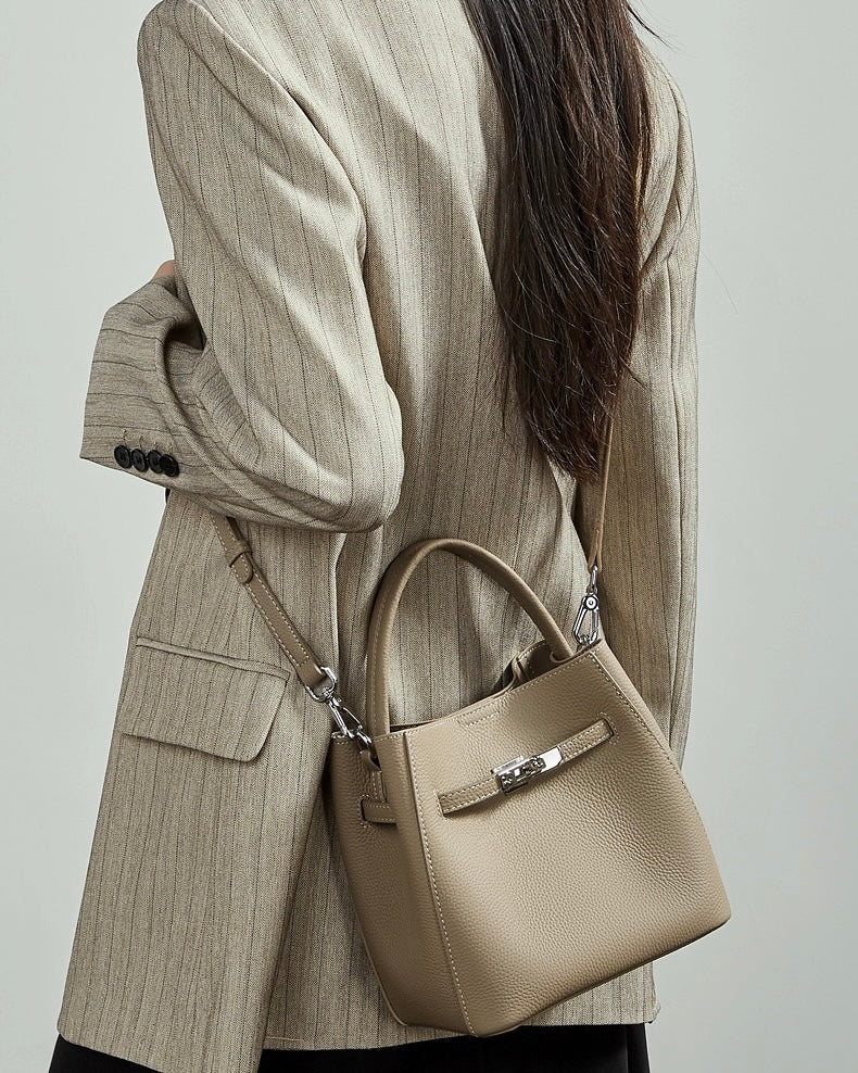 Women's Full-Grain Cowhide Basket Bucket Bag with Buckle Detail