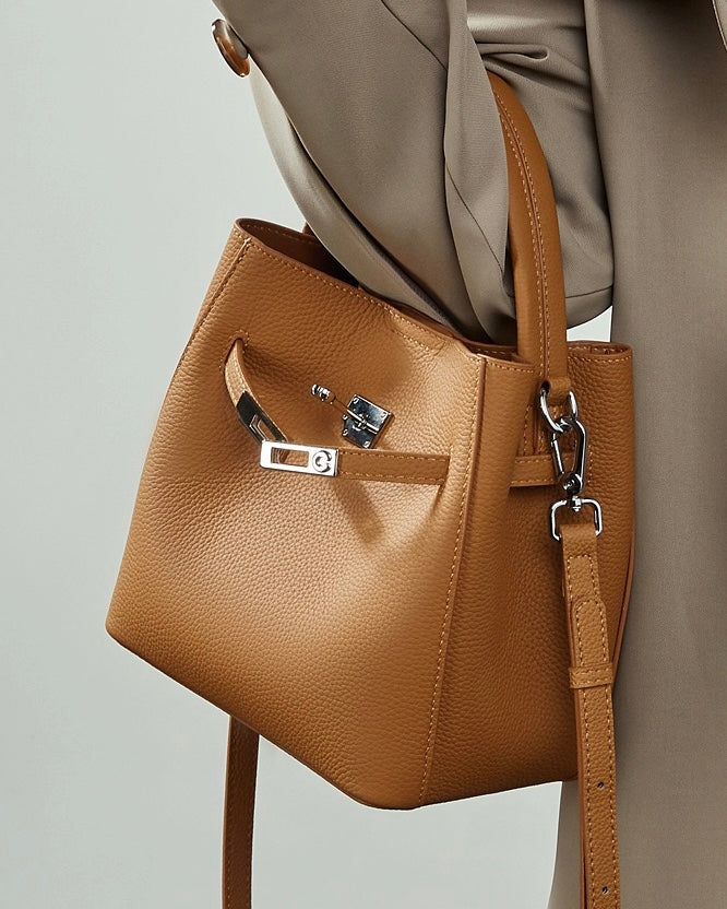 Women's Full-Grain Cowhide Basket Bucket Bag with Buckle Detail