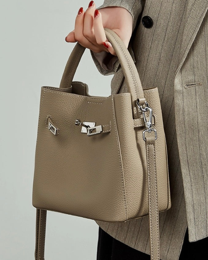 Women's Full-Grain Cowhide Basket Bucket Bag with Buckle Detail
