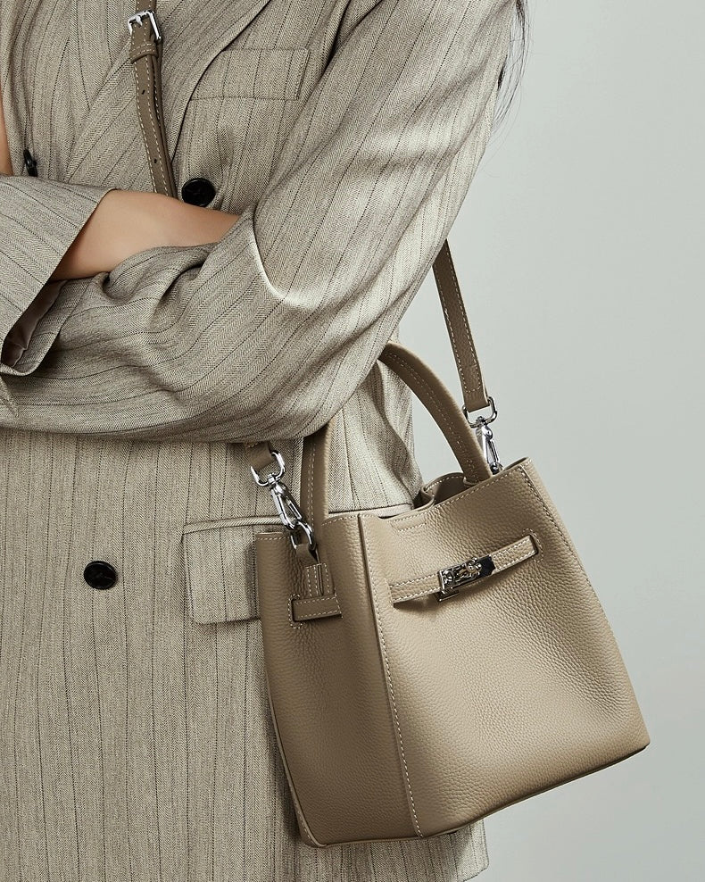 Women's Full-Grain Cowhide Basket Bucket Bag with Buckle Detail