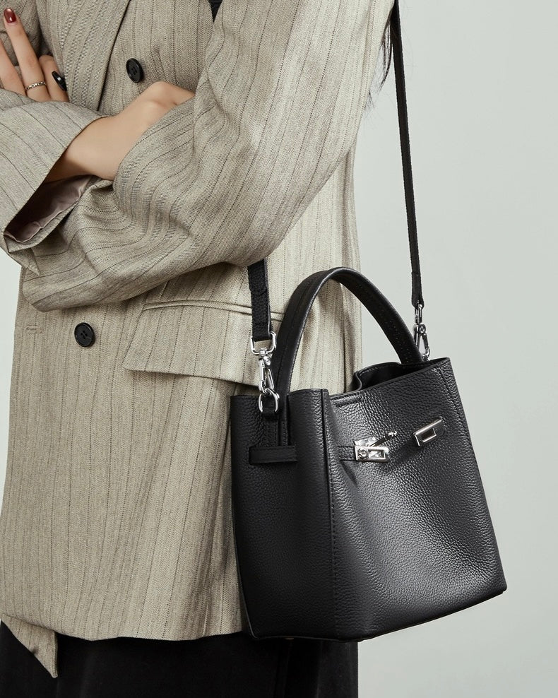 Women's Full-Grain Cowhide Basket Bucket Bag with Buckle Detail