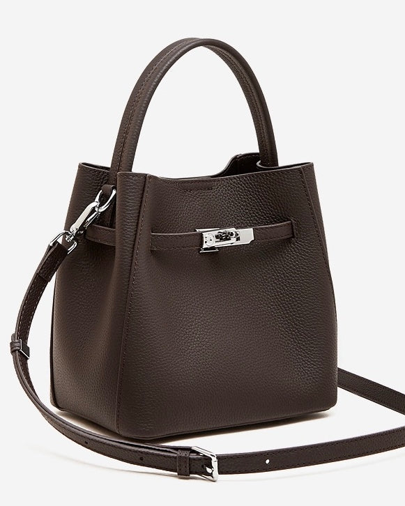 Women's Full-Grain Cowhide Basket Bucket Bag with Buckle Detail