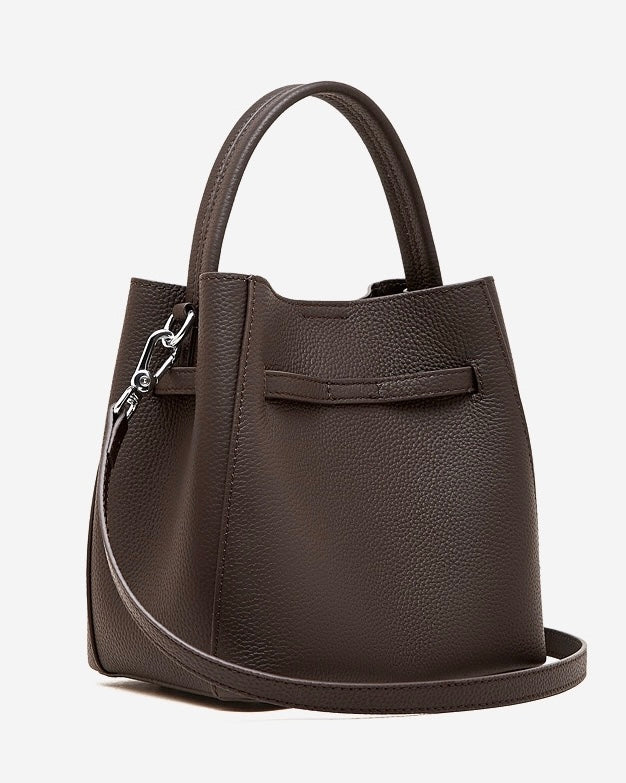 Women's Full-Grain Cowhide Basket Bucket Bag with Buckle Detail