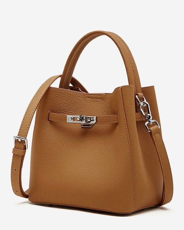 Women's Full-Grain Cowhide Basket Bucket Bag with Buckle Detail