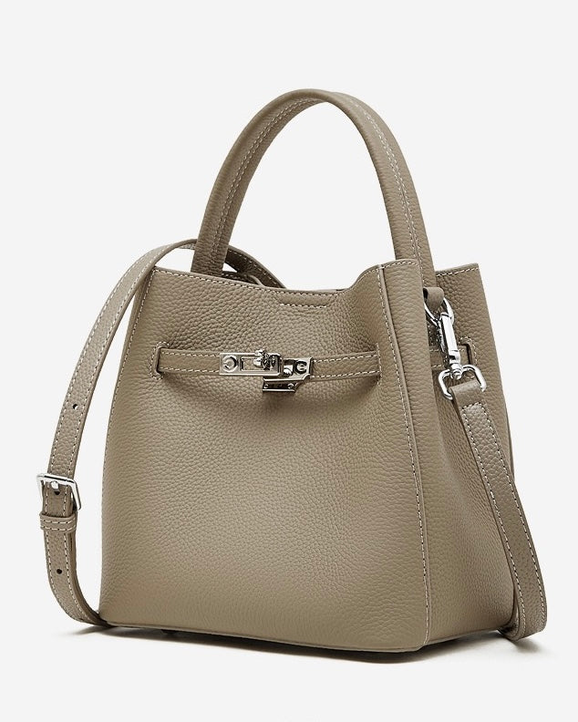 Women's Full-Grain Cowhide Basket Bucket Bag with Buckle Detail