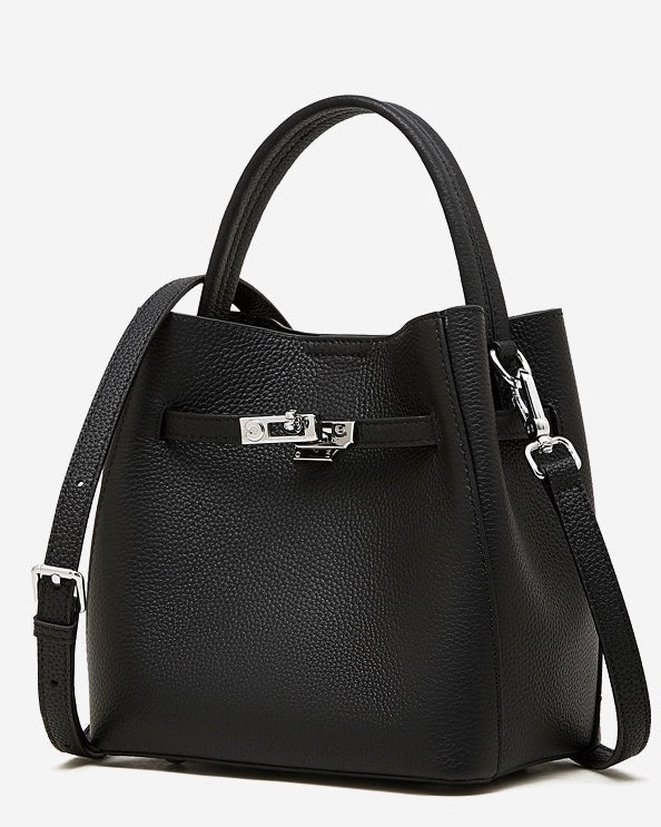 Women's Full-Grain Cowhide Basket Bucket Bag with Buckle Detail