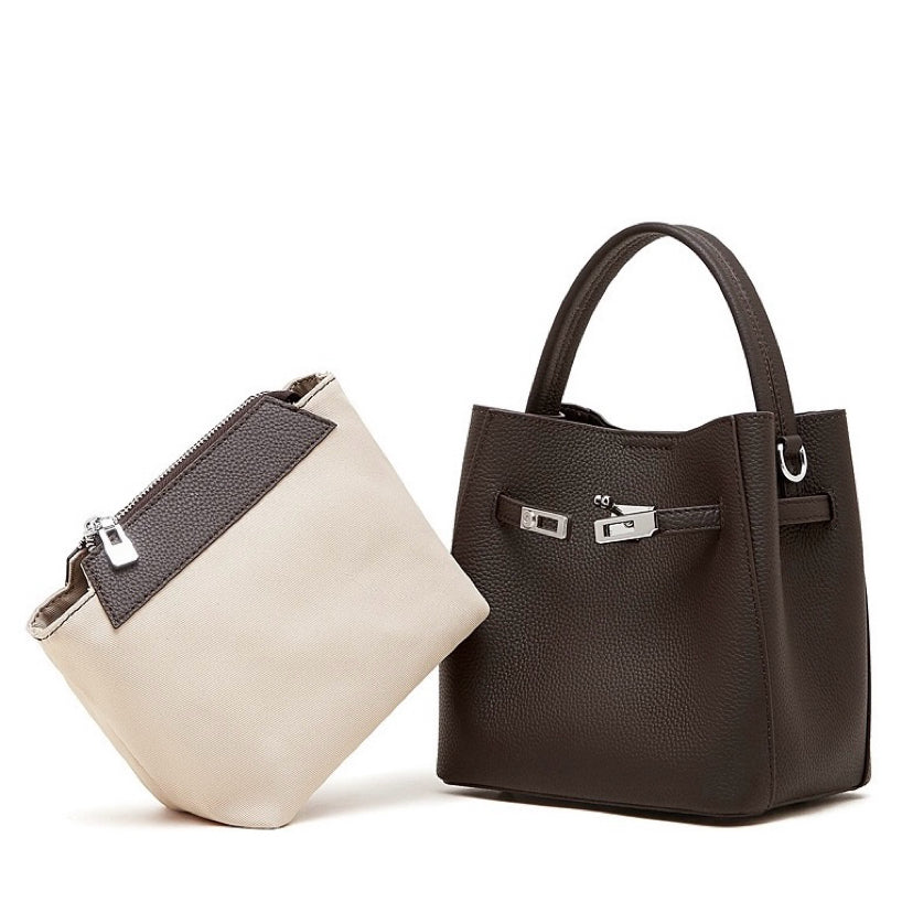 Women's Full-Grain Cowhide Basket Bucket Bag with Buckle Detail