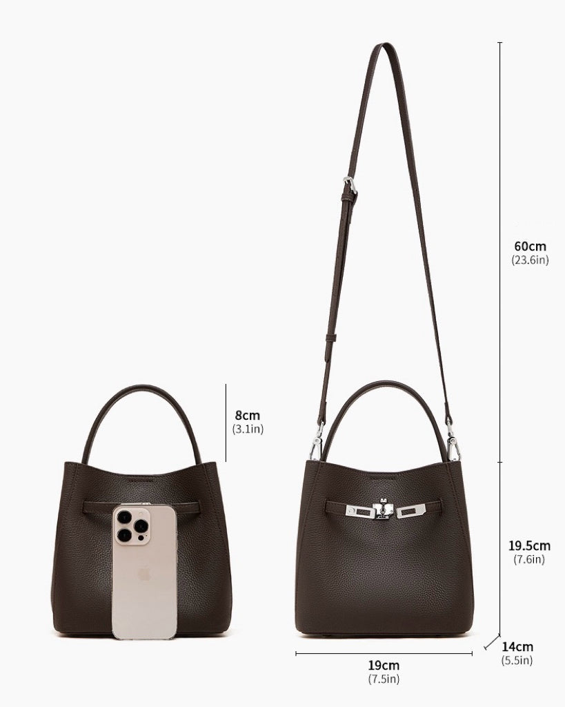Women's Full-Grain Cowhide Basket Bucket Bag with Buckle Detail