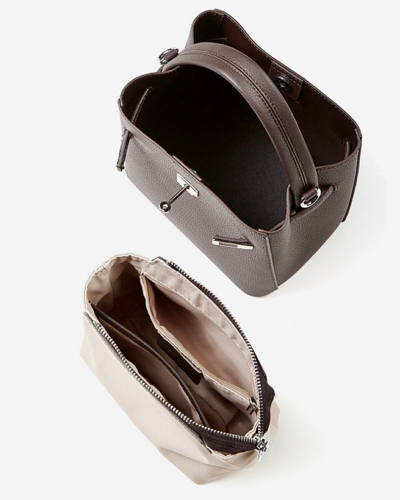Women's Full-Grain Cowhide Basket Bucket Bag with Buckle Detail