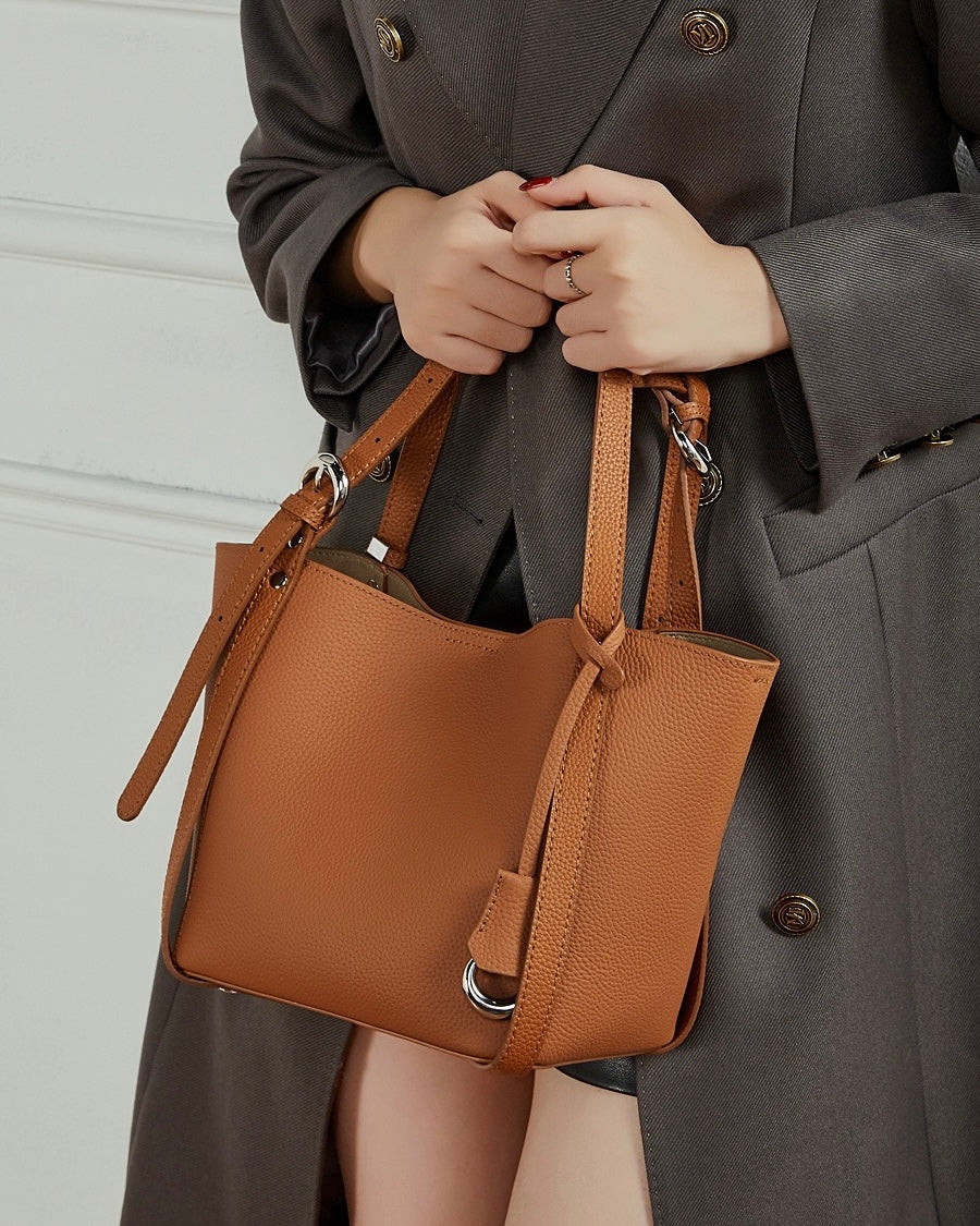 Women's Textured Cowhide Bucket Bag with Removable Pouch
