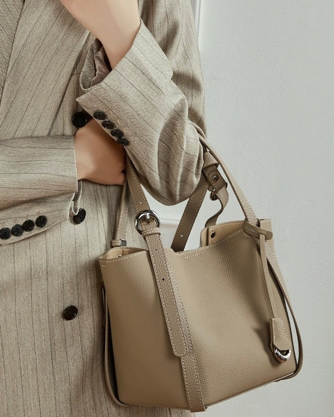 Women's Textured Cowhide Bucket Bag with Removable Pouch