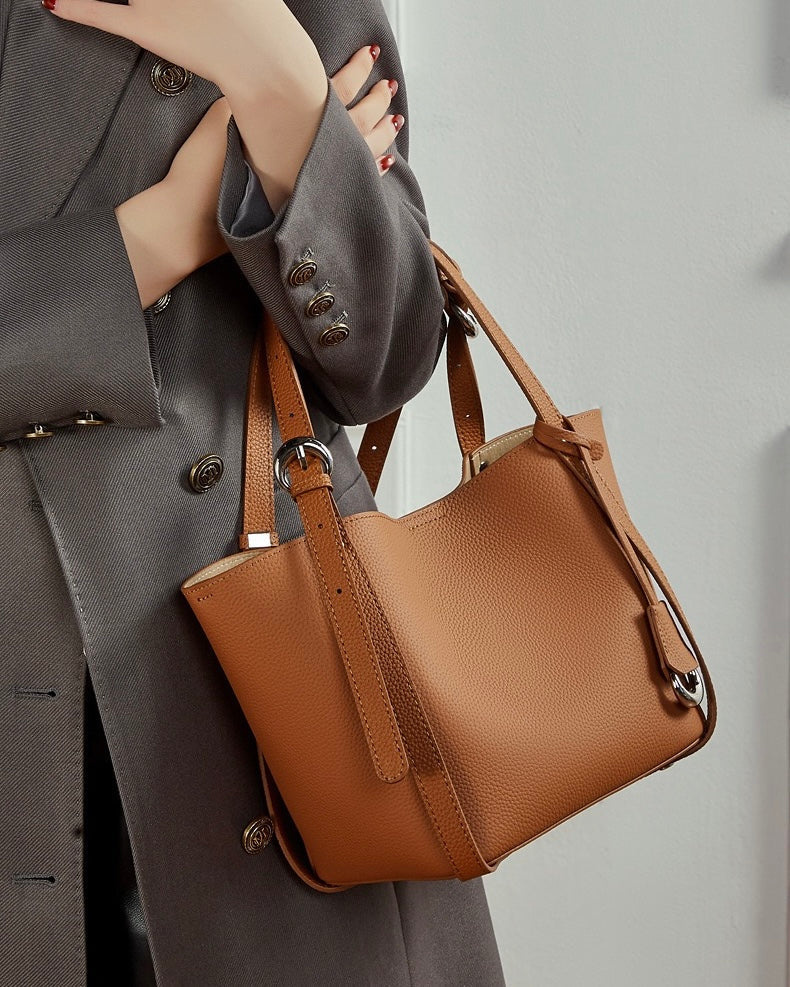 Women's Textured Cowhide Bucket Bag with Removable Pouch