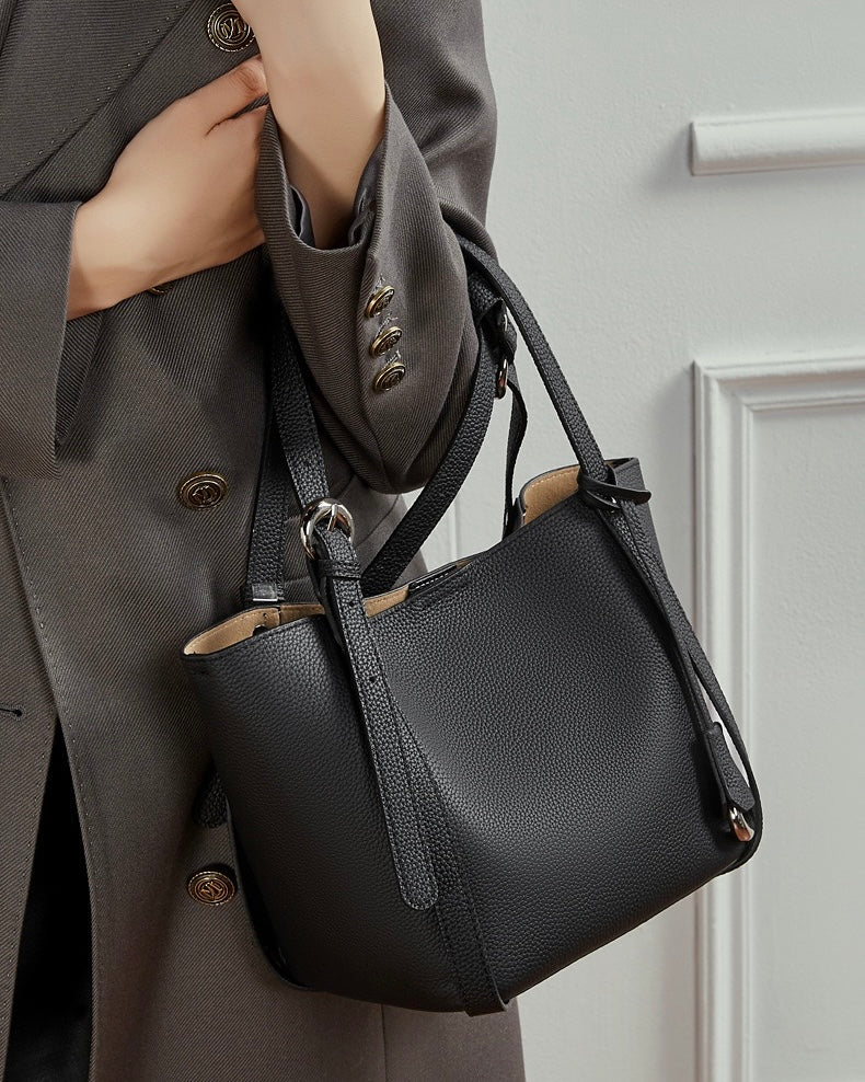 Women's Textured Cowhide Bucket Bag with Removable Pouch