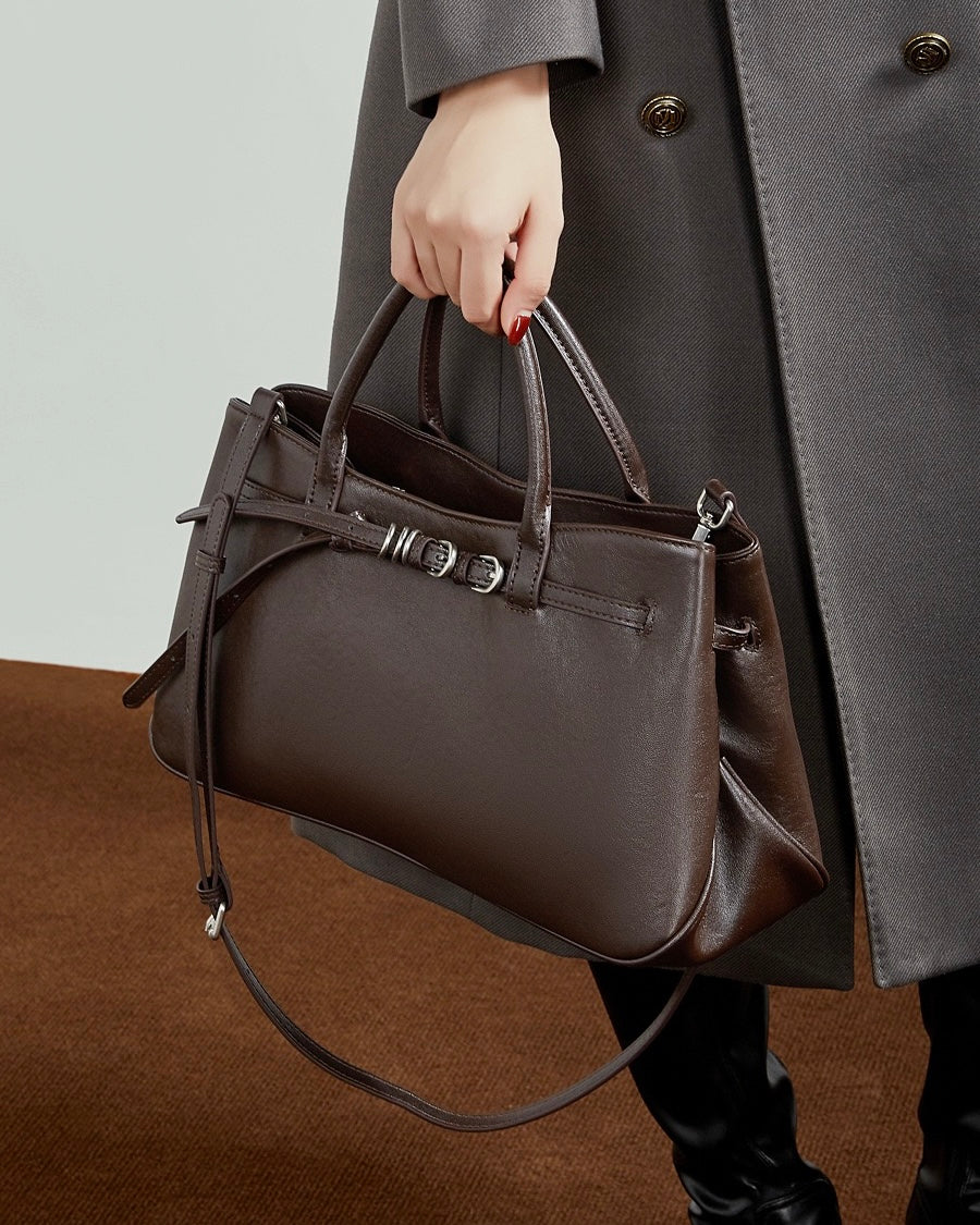 Women's Textured Cowhide Retro Ring-Buckle Tote Bag