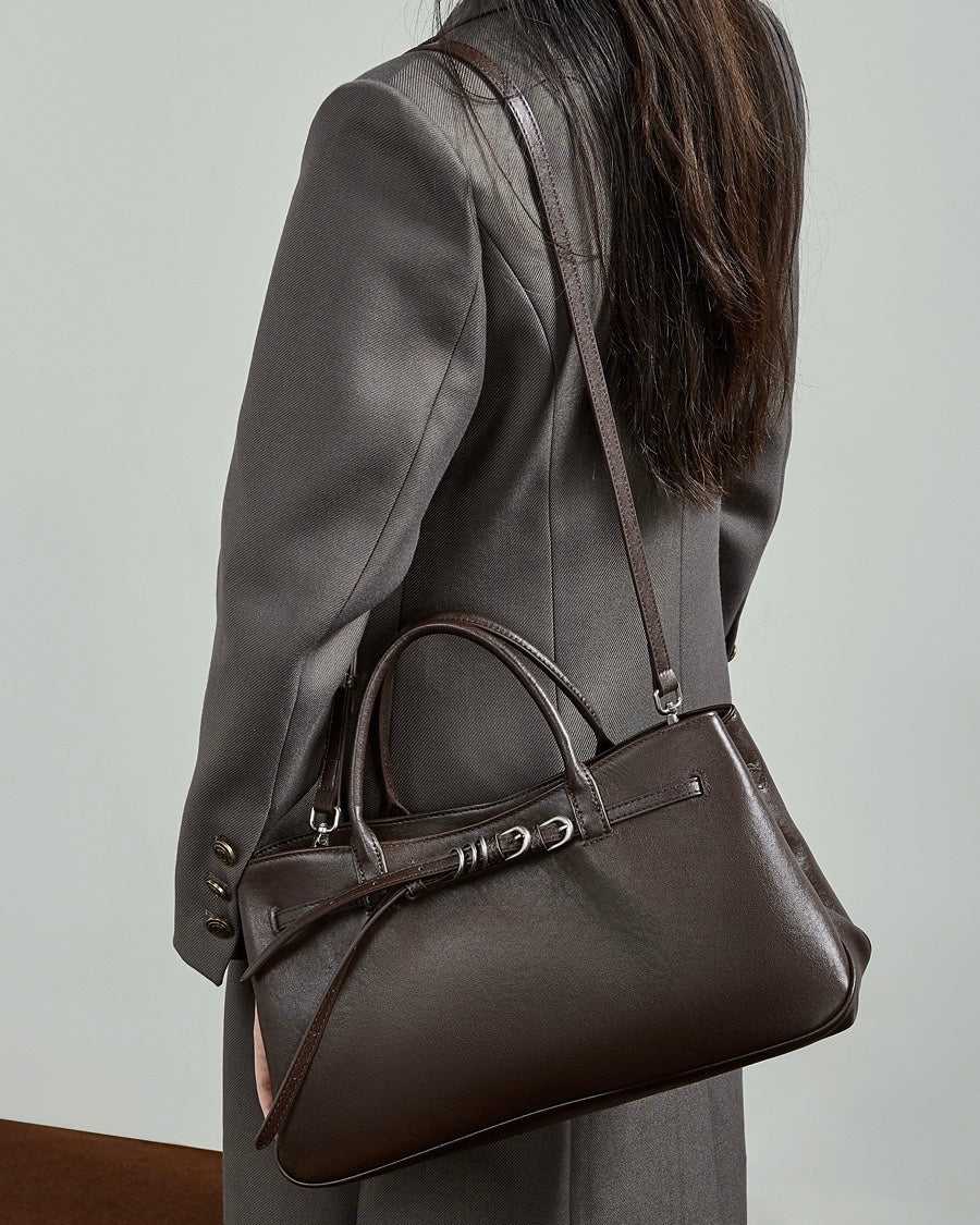 Women's Textured Cowhide Retro Ring-Buckle Tote Bag