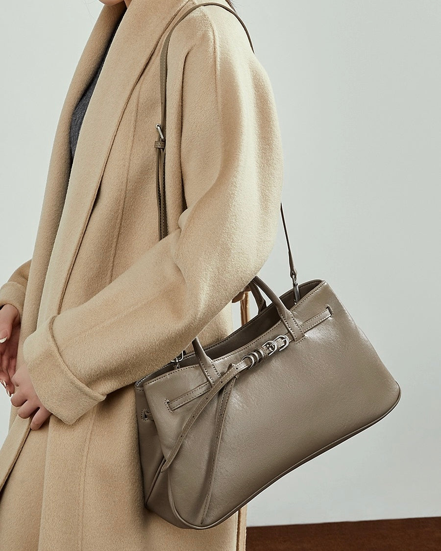Women's Textured Cowhide Retro Ring-Buckle Tote Bag