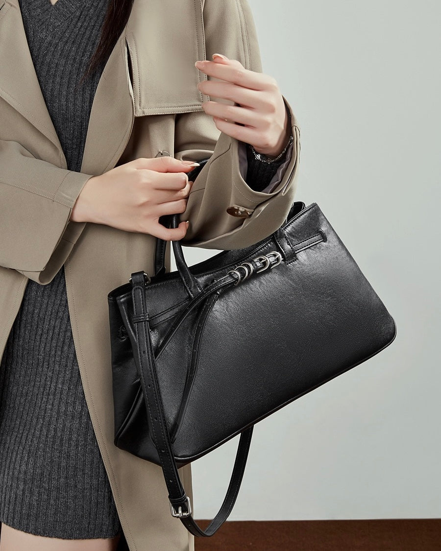 Women's Textured Cowhide Retro Ring-Buckle Tote Bag