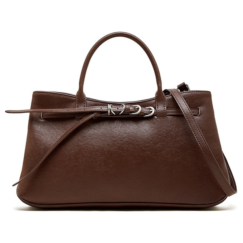 Women's Textured Cowhide Retro Ring-Buckle Tote Bag