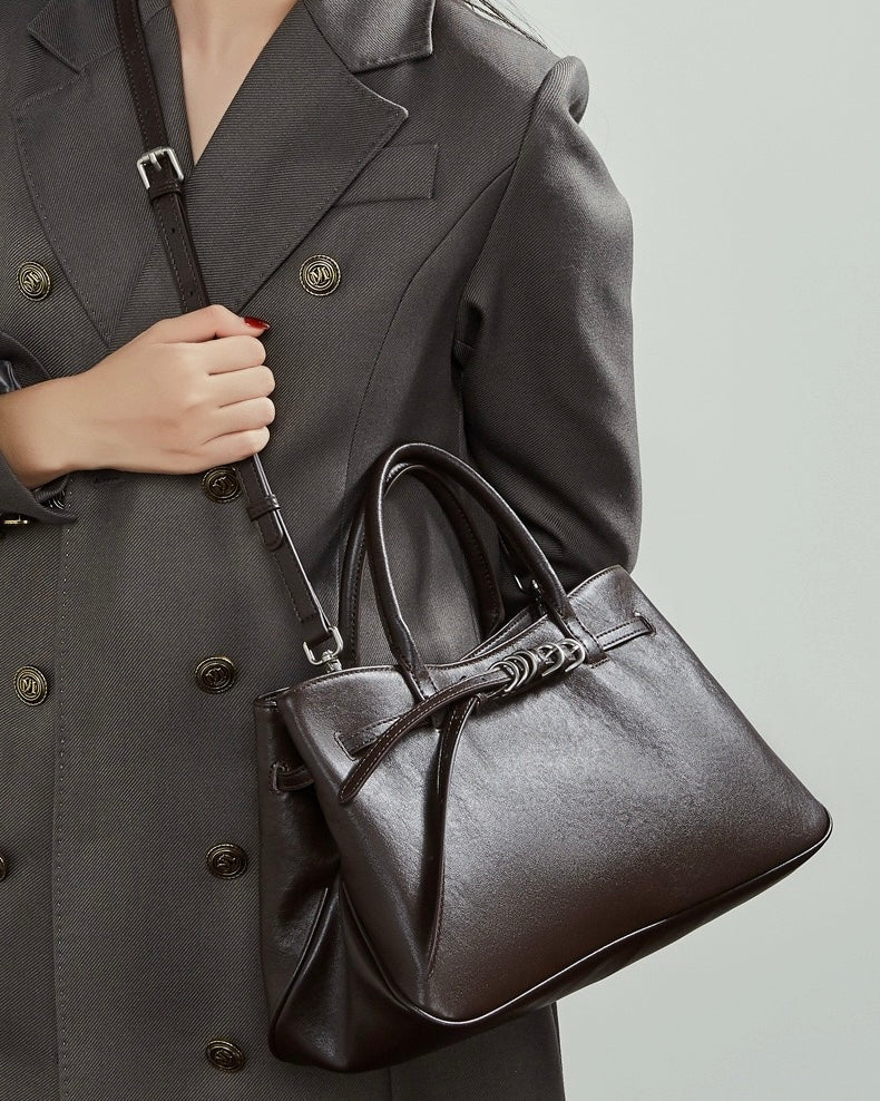Women's Textured Cowhide Retro Ring-Buckle Tote Bag