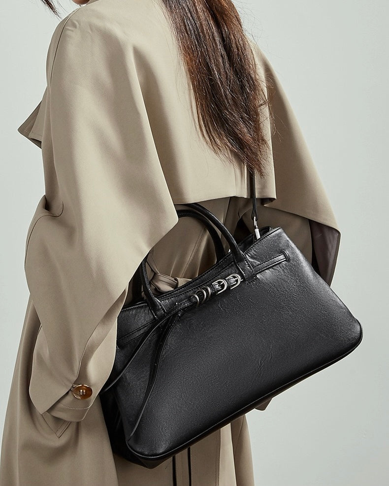 Women's Textured Cowhide Retro Ring-Buckle Tote Bag