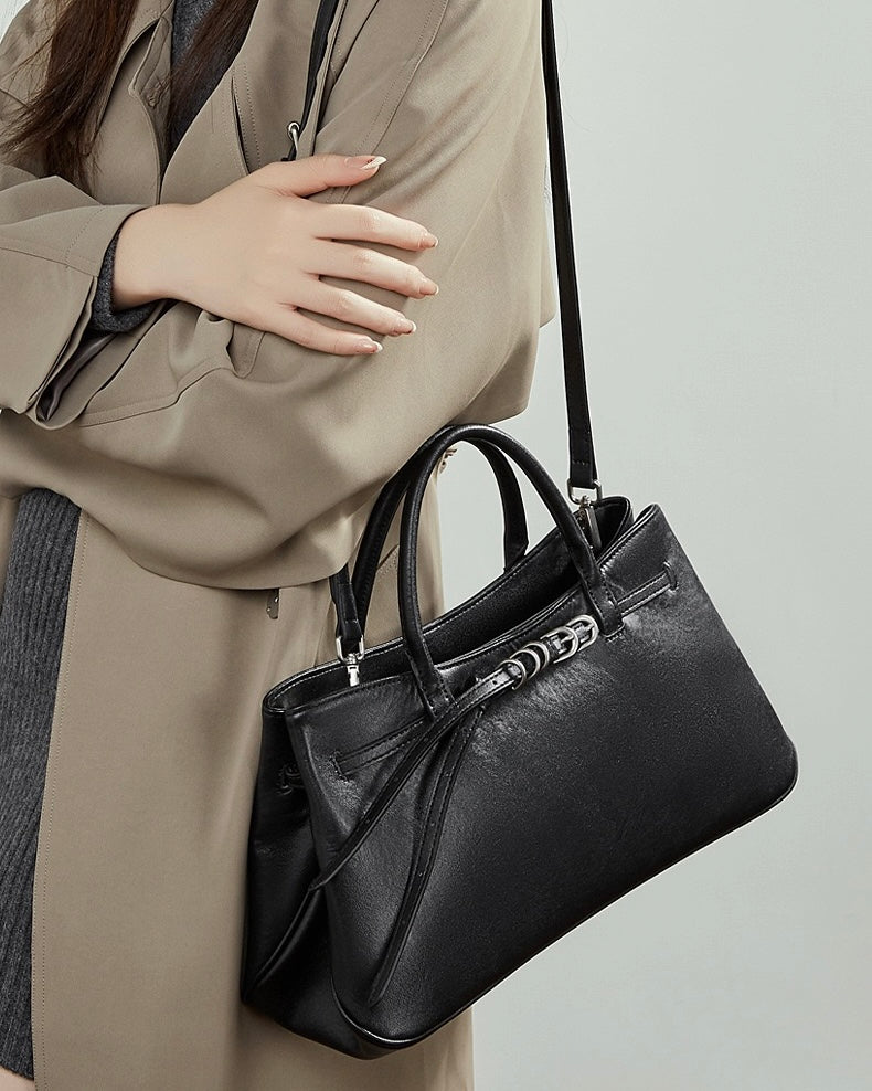 Women's Textured Cowhide Retro Ring-Buckle Tote Bag