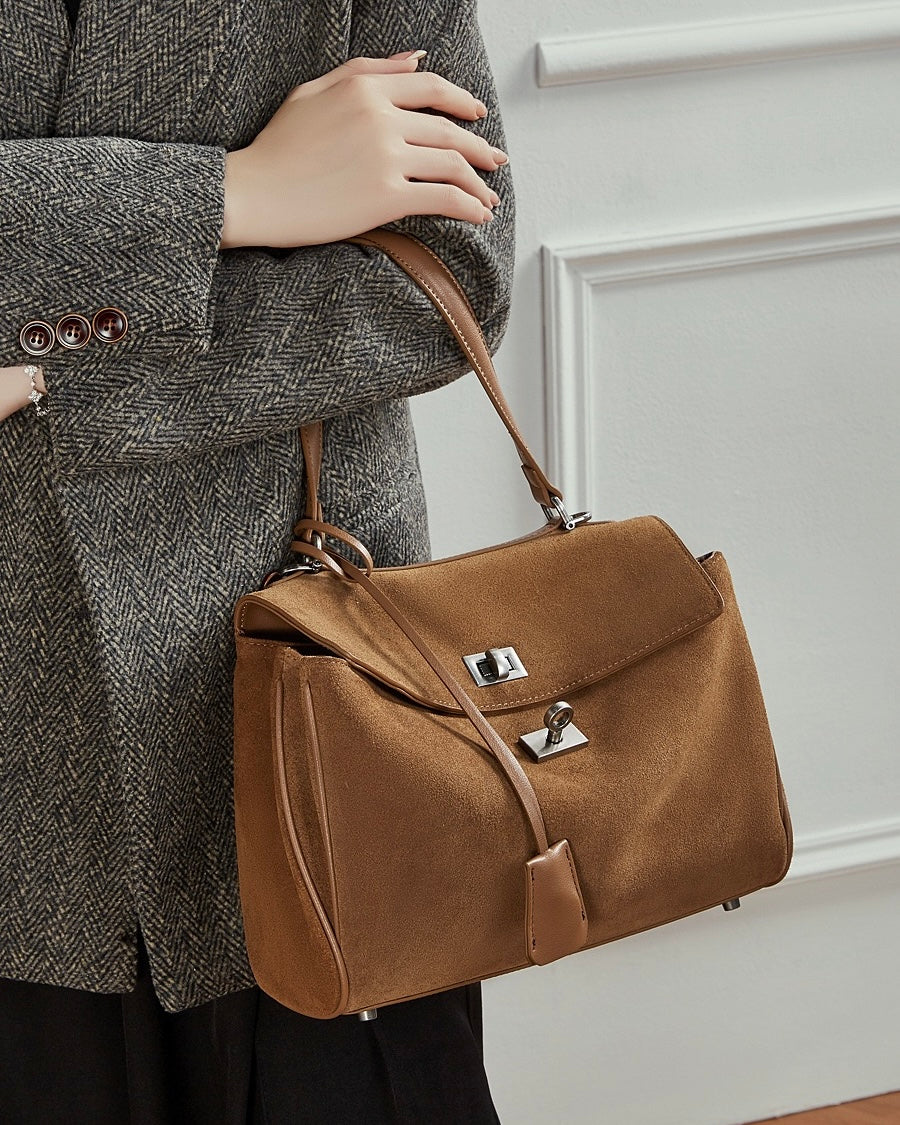 Women's Soft Suede Cowhide Lock Top-Handle Bag