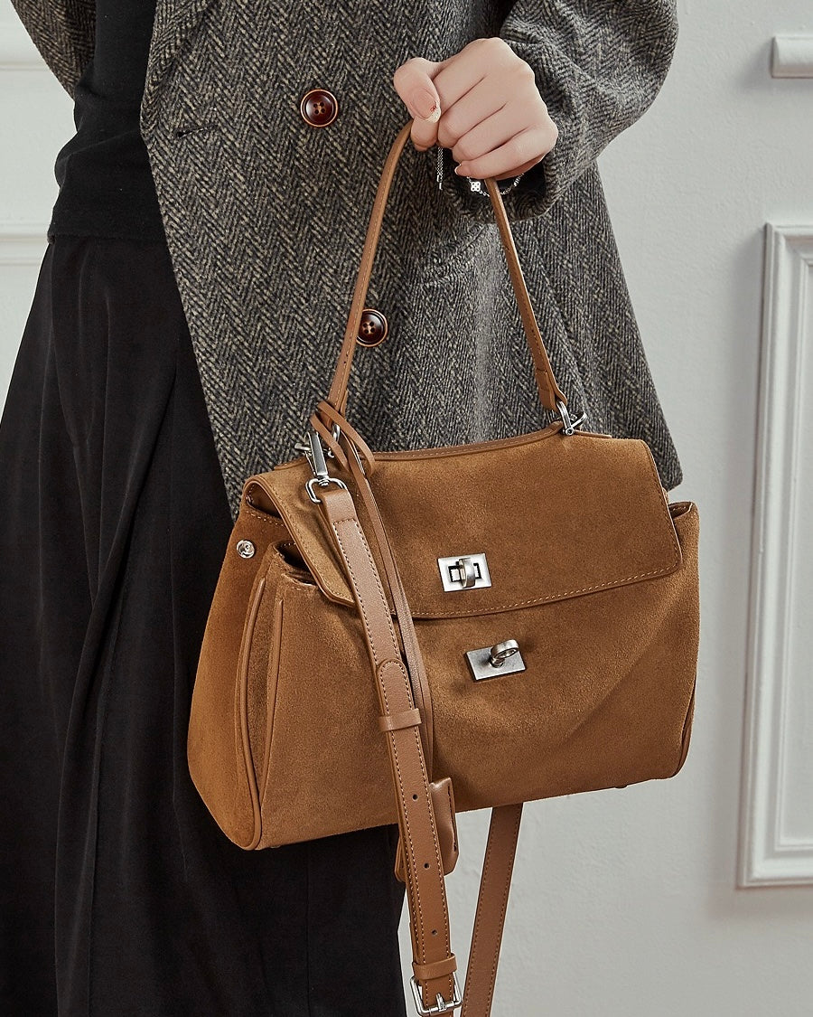 Women's Soft Suede Cowhide Lock Top-Handle Bag