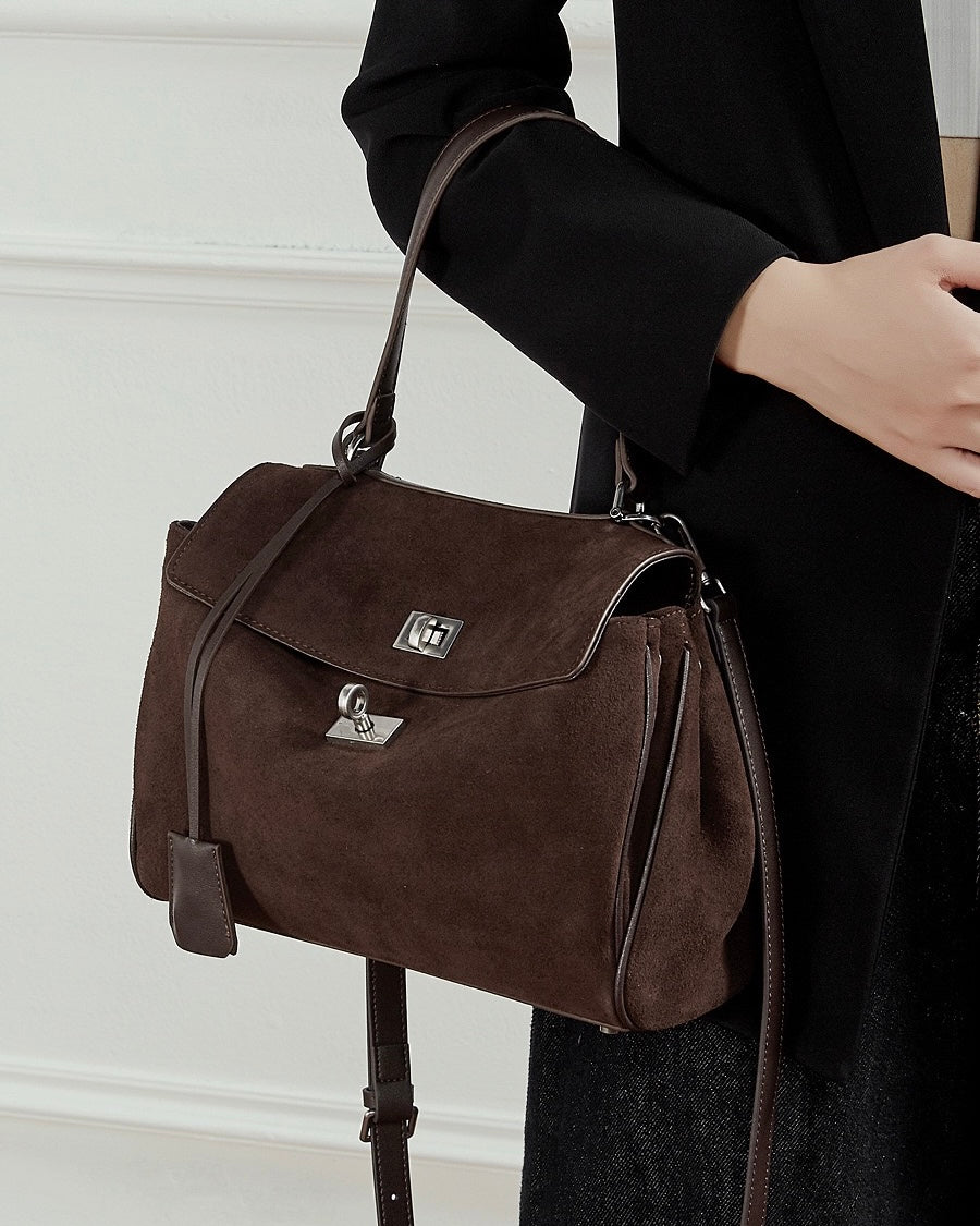 Women's Soft Suede Cowhide Lock Top-Handle Bag