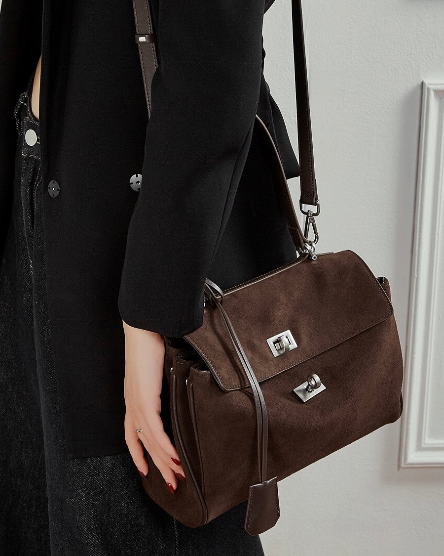 Women's Soft Suede Cowhide Lock Top-Handle Bag