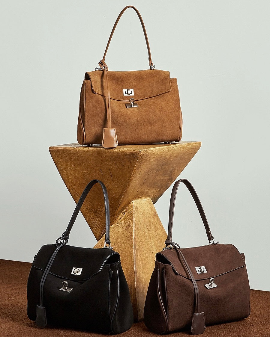 Women's Soft Suede Cowhide Lock Top-Handle Bag