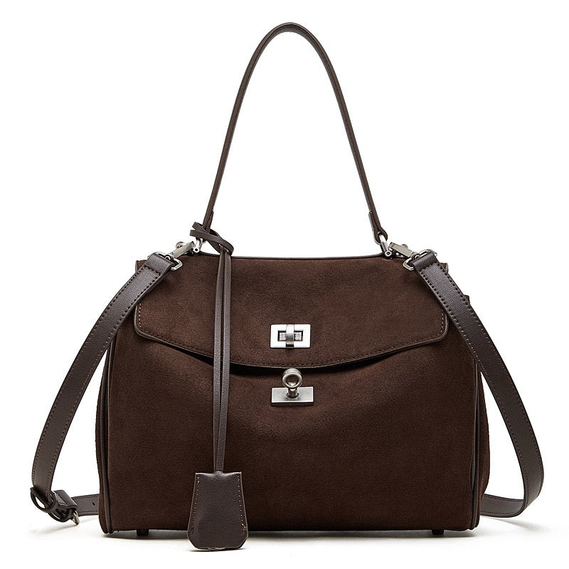 Women's Soft Suede Cowhide Lock Top-Handle Bag