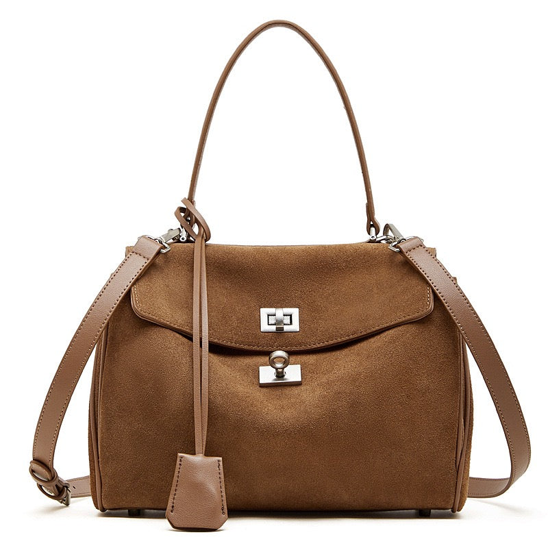Women's Soft Suede Cowhide Lock Top-Handle Bag