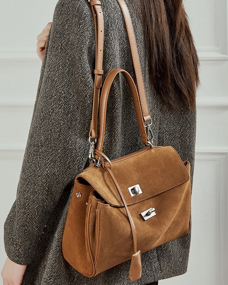 Women's Soft Suede Cowhide Lock Top-Handle Bag