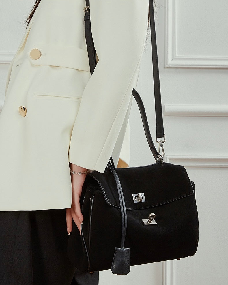 Women's Soft Suede Cowhide Lock Top-Handle Bag